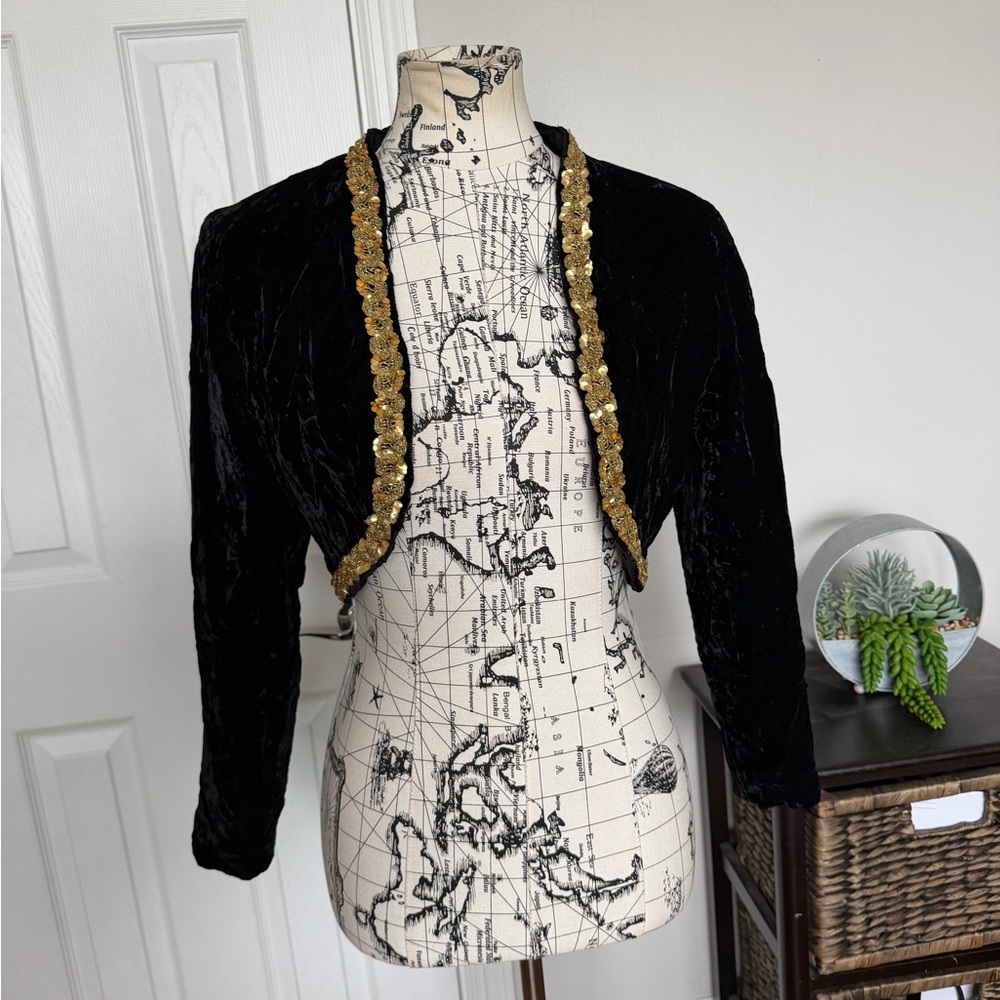 Vintage Velvet Y2K Bolero Velour Sequins Embellish Trim Jacket Black Formal S/M